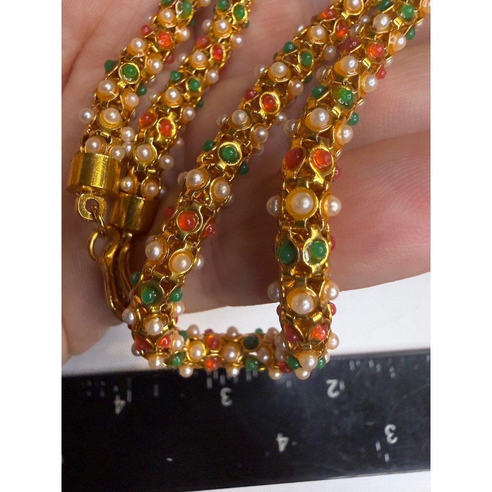 Gold Tone Beaded Chain Necklace Faux Pearl Green Orange Red 18 Inch